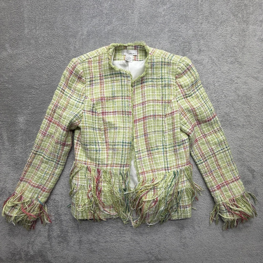 WD•NY Blazer Womens 10 Green Plaid Tweed Fringe Hem Lined Open Short Jacket